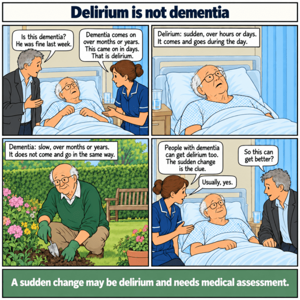 Four-panel illustrated story. David asks whether his father has dementia. The nurse explains that dementia usually develops over months or years, whereas this change began over days.