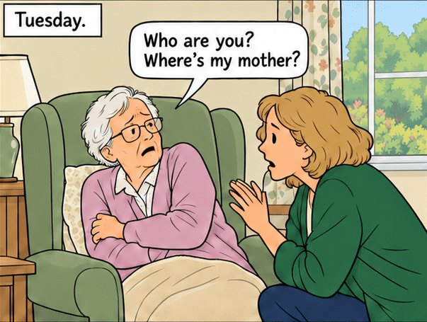 Tuesday. Mum is frightened and does not recognise her daughter. She asks: Who are you? Where’s my mother?