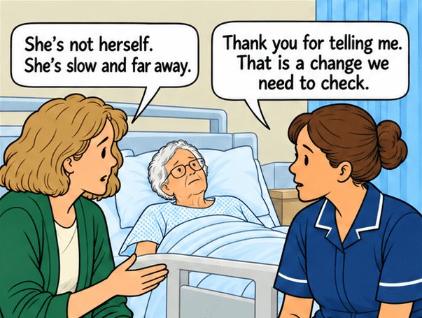 Karen tells the nurse: She’s not herself. She’s slow and far away. The nurse replies: Thank you for telling me. That is a change we need to check.